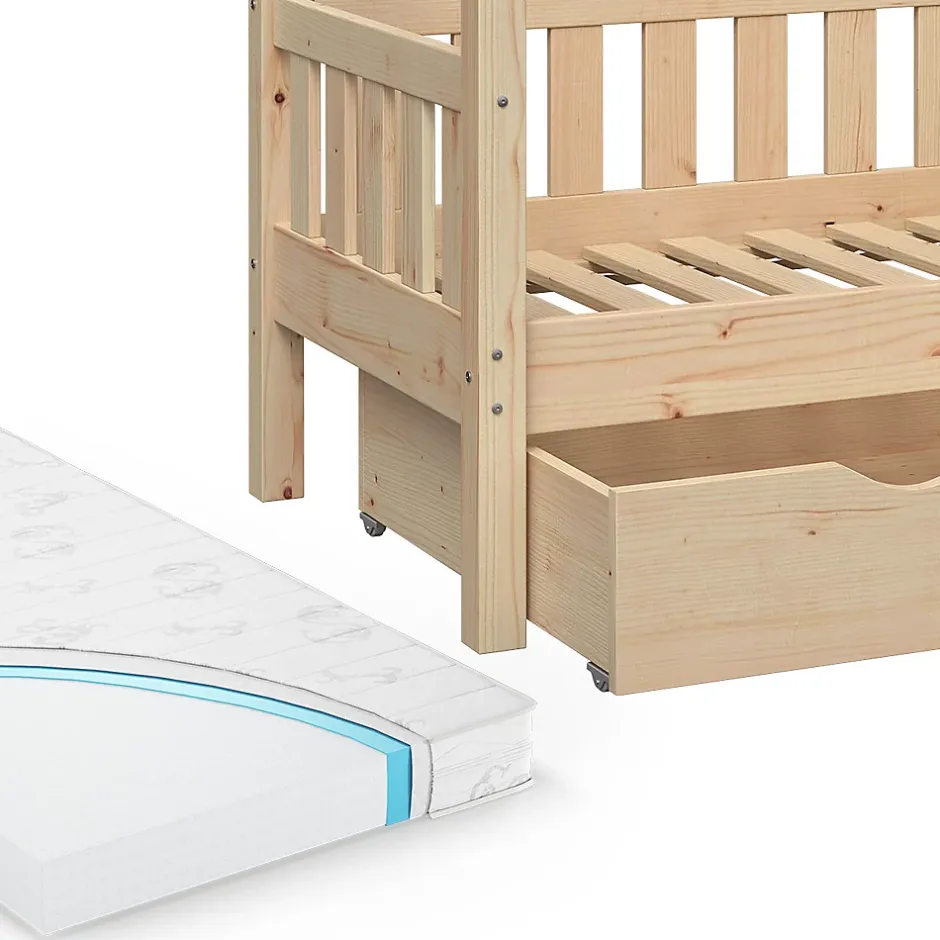 Vitalispa® Vitalispa Lit cabane Naturel bois 70x140 cm avec tiroir et matelas Clearance