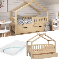Vitalispa® Vitalispa Lit cabane Naturel bois 70x140 cm avec tiroir et matelas Clearance