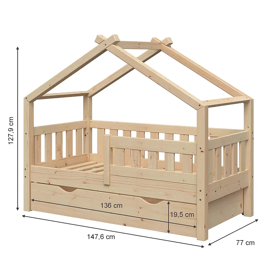 Vitalispa® Vitalispa Lit cabane Naturel bois 70x140 cm avec tiroir et matelas Clearance