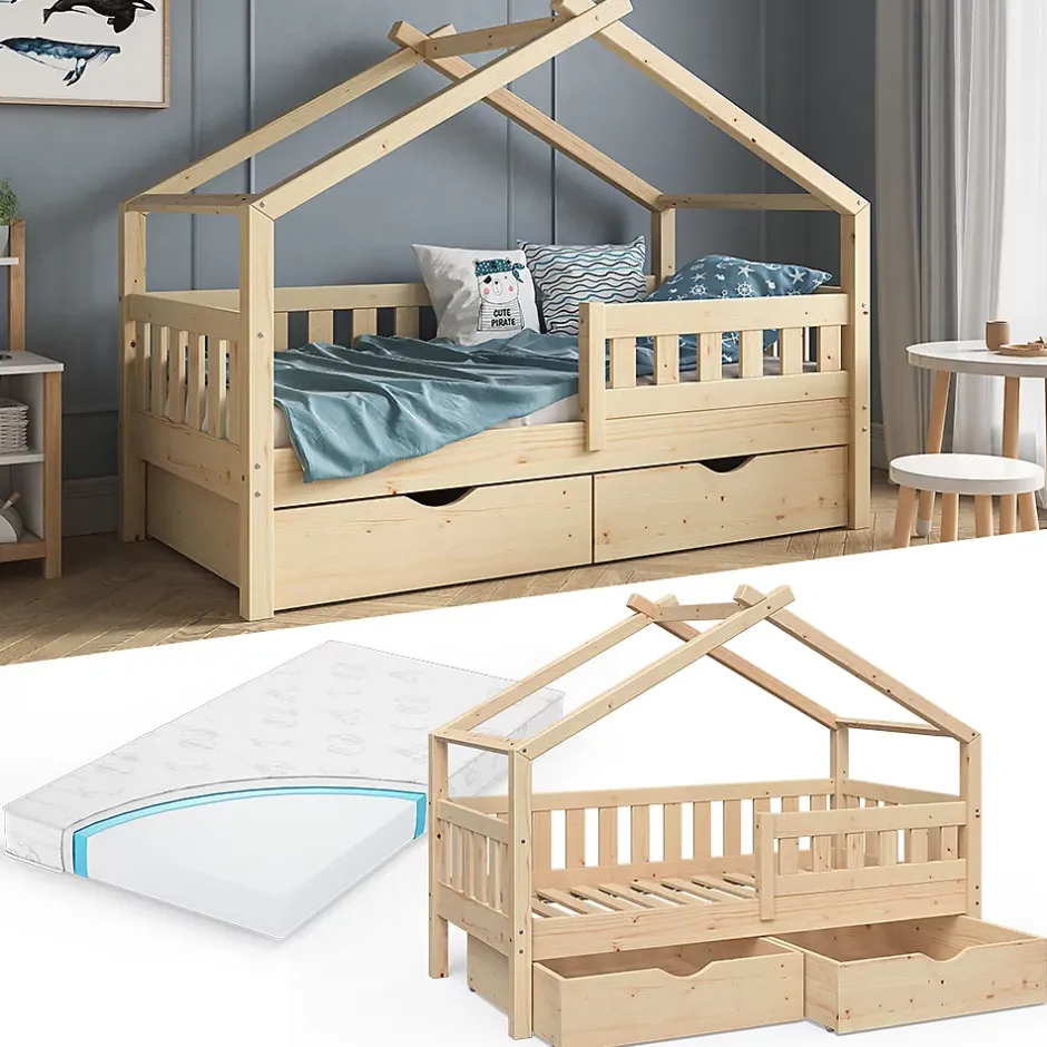 Vitalispa® Vitalispa Lit cabane Naturel bois 80x160 cm avec 2 tiroirs et matelas Sale