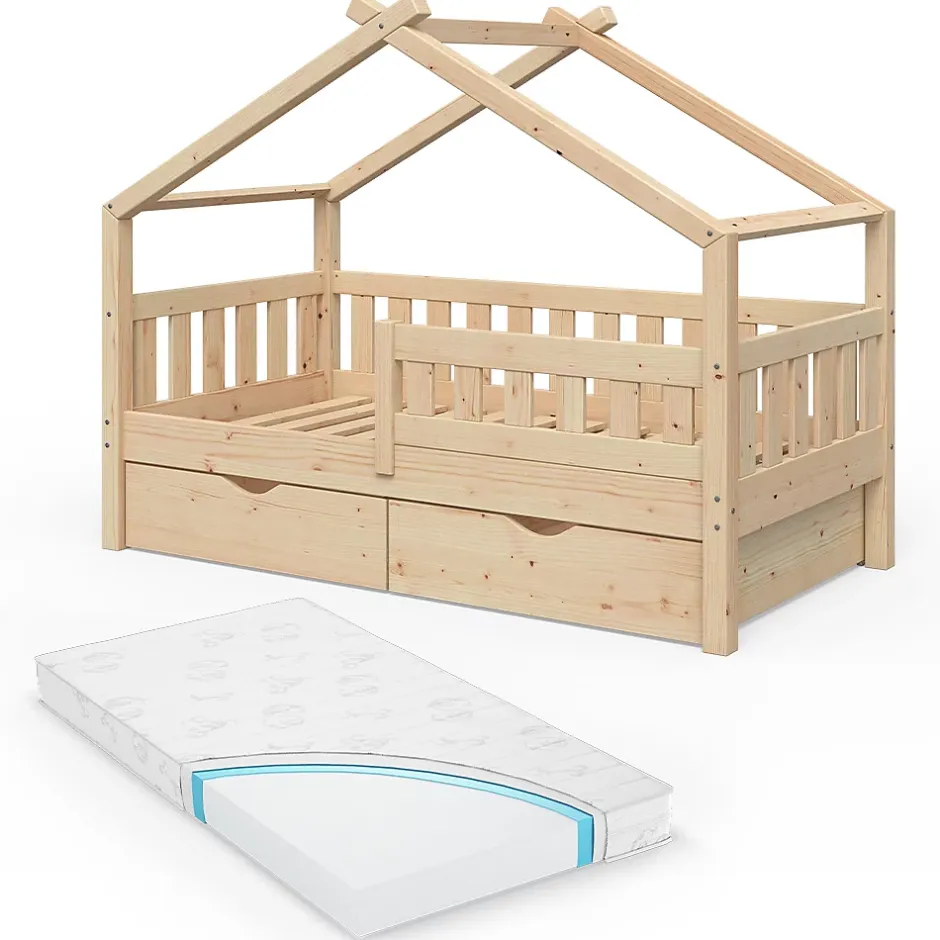 Vitalispa® Vitalispa Lit cabane Naturel bois 80x160 cm avec 2 tiroirs et matelas Sale