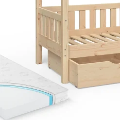Vitalispa® Vitalispa Lit cabane Naturel bois 80x160 cm avec 2 tiroirs et matelas Sale