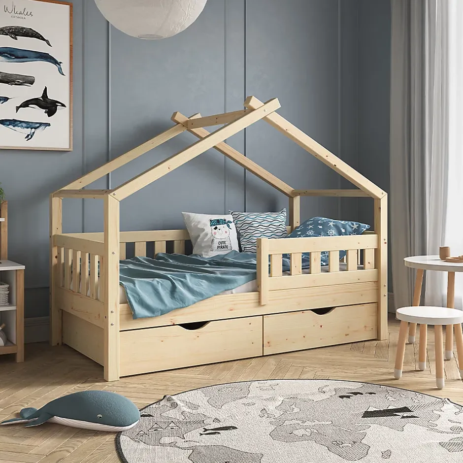Vitalispa® Vitalispa Lit cabane Naturel bois 80x160 cm avec 2 tiroirs et matelas Sale