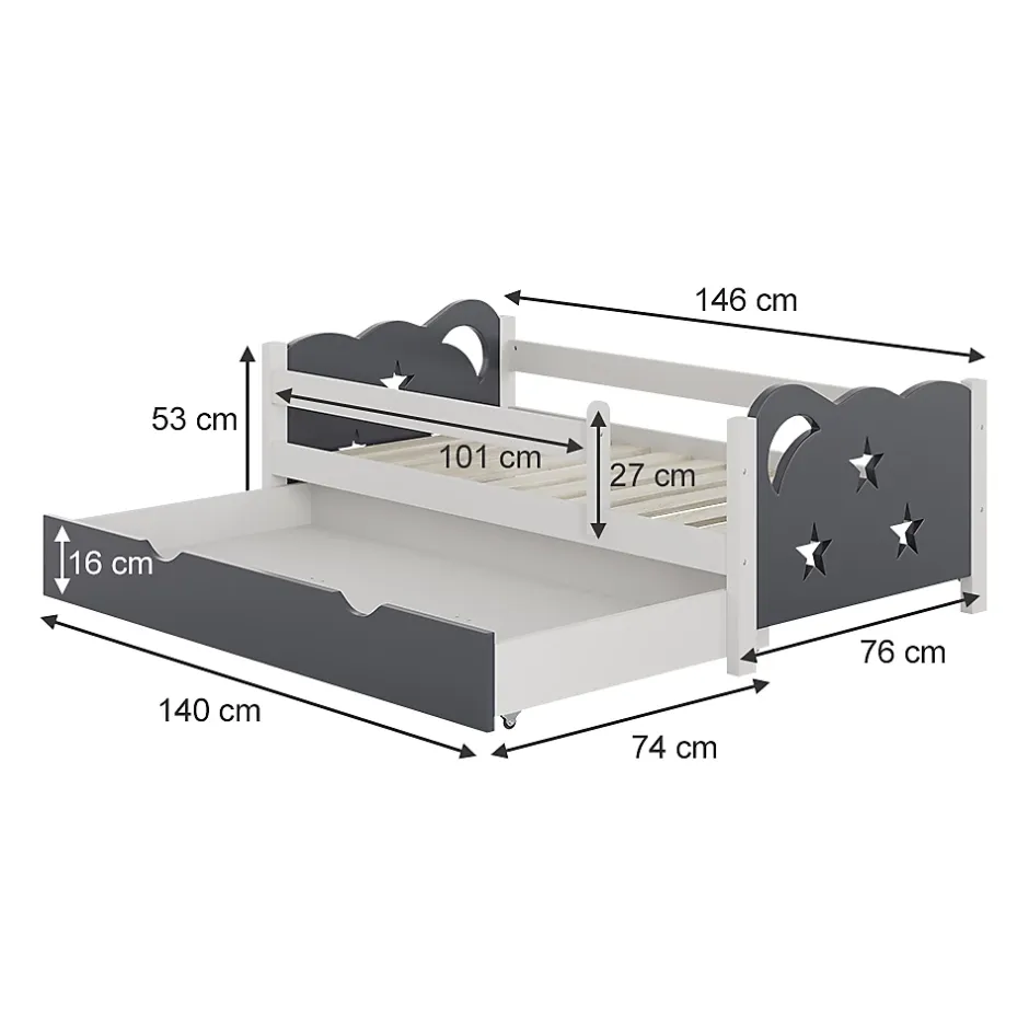 Vitalispa® Vitalispa Lit pour enfant Gris 70x140 cm avec tiroir, sans matelas Clearance