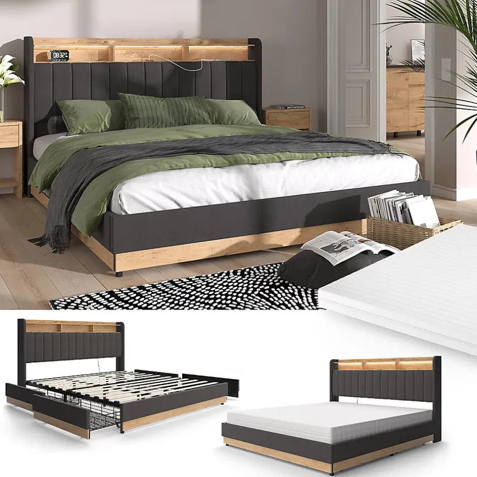 Vitalispa® Vitalispa Lit rembourré Anthracite 180x200 cm avec matelas Hot