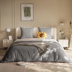 Fortuna lai 140X200 Parure de lit 4 pièces, lit double, grand lit, 1 housse de couette, 1 drap-housse et 2 taies d'oreiller,gris