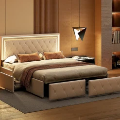 Fortuna lai 140X200MM Lit d'ameublement avec fonction de chargement USB et partie de tête LED et 4 tiroirs,sans matelas Clearance