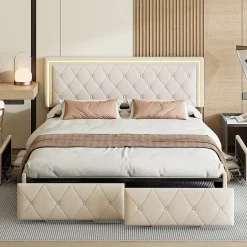 Fortuna lai 140X200MM Lit d'ameublement avec fonction de chargement USB et partie de tête LED et 4 tiroirs,sans matelas Clearance