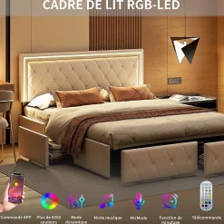 Fortuna lai 140X200MM Lit d'ameublement avec fonction de chargement USB et partie de tête LED et 4 tiroirs,sans matelas Clearance