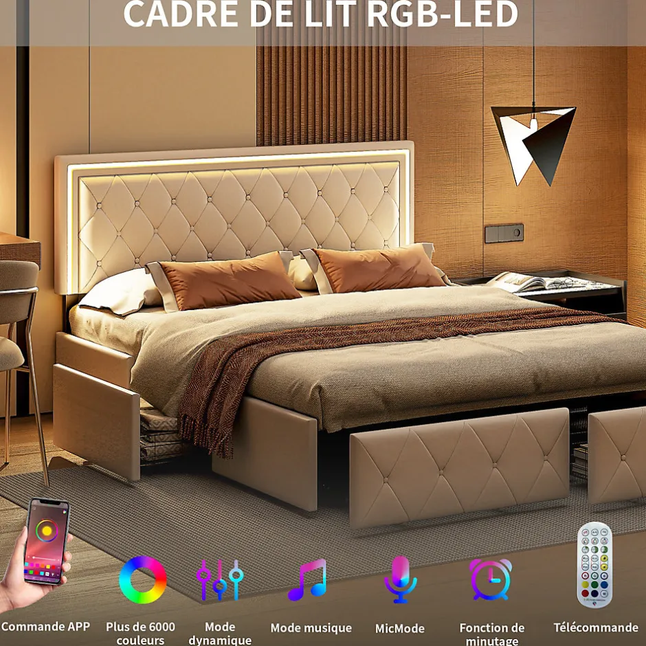 Fortuna lai 140X200MM Lit d'ameublement avec fonction de chargement USB et partie de tête LED et 4 tiroirs,sans matelas Clearance