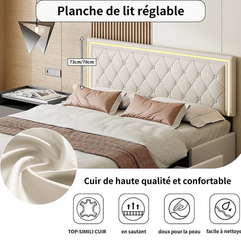 Fortuna lai 140X200MM Lit d'ameublement avec fonction de chargement USB et partie de tête LED et 4 tiroirs,sans matelas Clearance