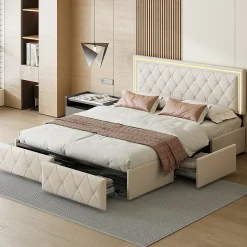 Fortuna lai 140X200MM Lit d'ameublement avec fonction de chargement USB et partie de tête LED et 4 tiroirs,sans matelas Clearance