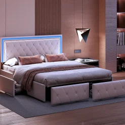 Fortuna lai 140X200MM Lit d'ameublement avec fonction de chargement USB et partie de tête LED et 4 tiroirs,sans matelas Clearance