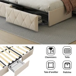 Fortuna lai 140X200MM Lit d'ameublement avec fonction de chargement USB et partie de tête LED et 4 tiroirs,sans matelas Clearance